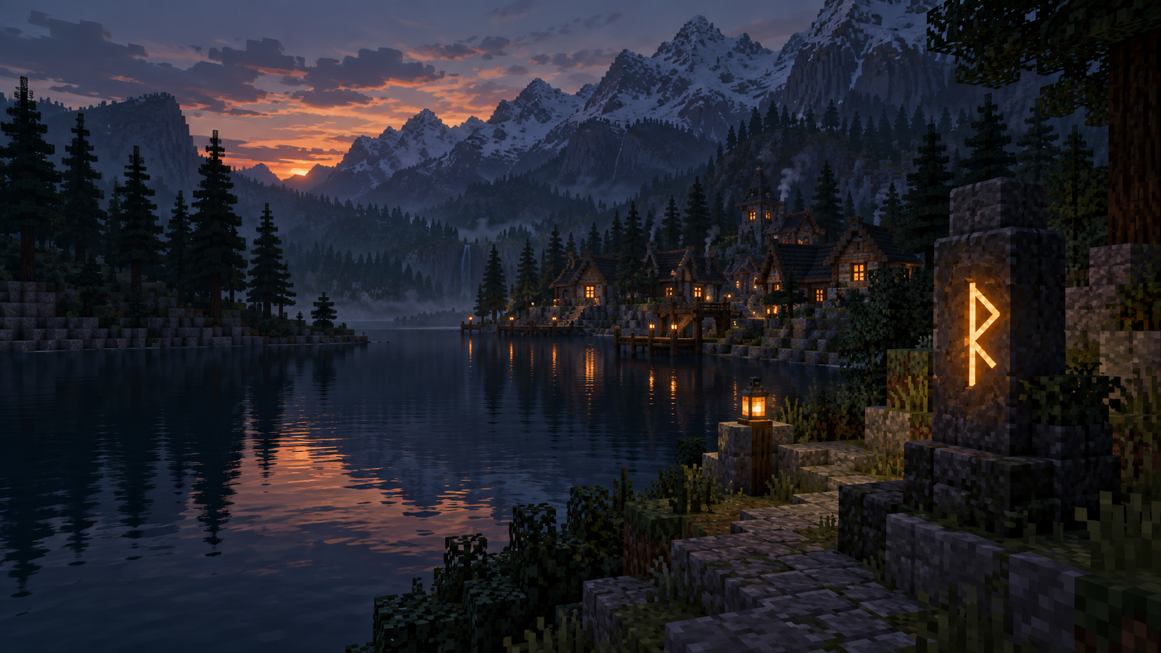 Illustrativ Minecraft-miljö med by i kvällsljus
