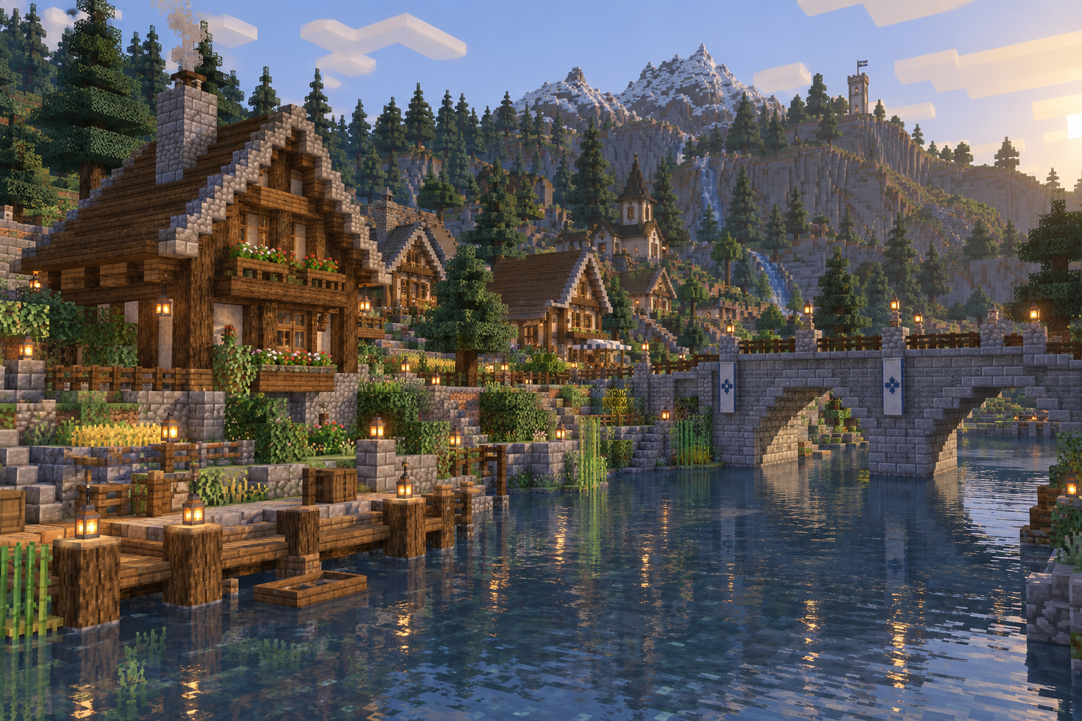 Illustrativ Minecraft-miljö med gemensamt byggd by vid vattnet